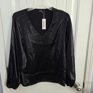 CBR Exclusive Selection Womens M Black Textured Satin Long Bat Sleeve Blouse Top